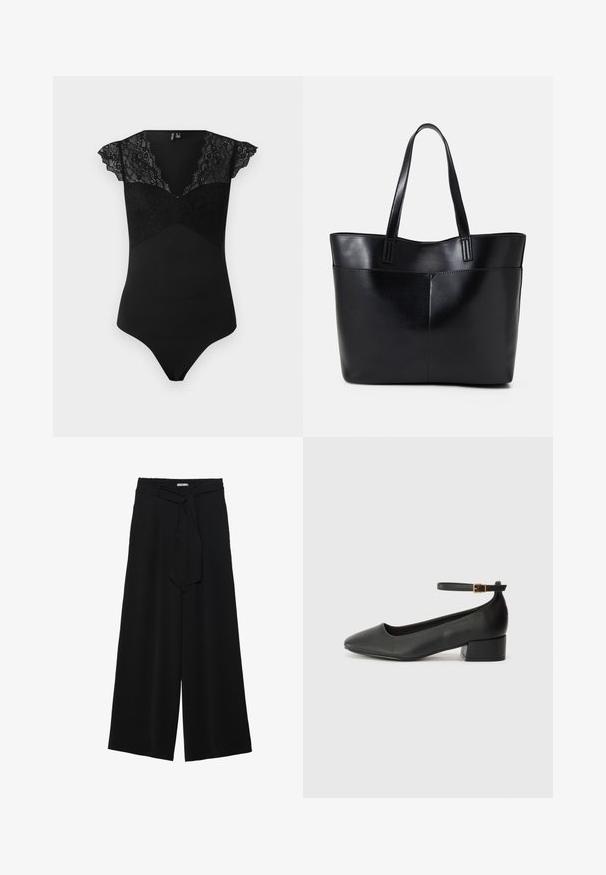 Bodysuit negro con mangas de encaje en forma de capucha y un panel de encaje en el bodice. Material suave en un diseño ajustado con escote en V y parte trasera tipo tanga.; Pantalones de pierna ancha negros con un tejido texturizado, una cinturilla elástica y un lazo desmontable en la cintura para un ajuste ajustable.; Zapato de tacón negro de cuero con punta afilada y tacón bajo cuadrado. Presenta una correa para el tobillo con una hebilla en tono dorado. Textura suave.; Bolso tote de cuero negro con dos asas largas, textura suave y forma estructurada. Cuenta con un bolsillo frontal para almacenamiento adicional.