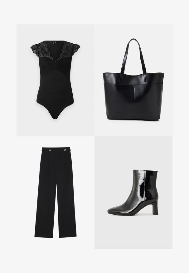 Must must outfit, millegeva lukuga ningadega ja pitsi paneeli voodris. Sile materjal, mis on disainitud kehasse istuva lõikega, V-dekoltee ja tangast tagaküljega.; Mustad laiad püksid kõrge vöökoha ja nööpdetailidega vööandil, esikortsudega.; Must-sinine nahkjalats musta läikiva viimistlusega, millel on terav nina ja keskmise kõrgusega plokk konts. Sile tekstuur ja minimalistik disain.; Must mustaga musta nahast, millel on kaks pikka kanda, sile tekstuur ja struktureeritud kuju. Esipoolsel on lisakoti jaoks tasku.