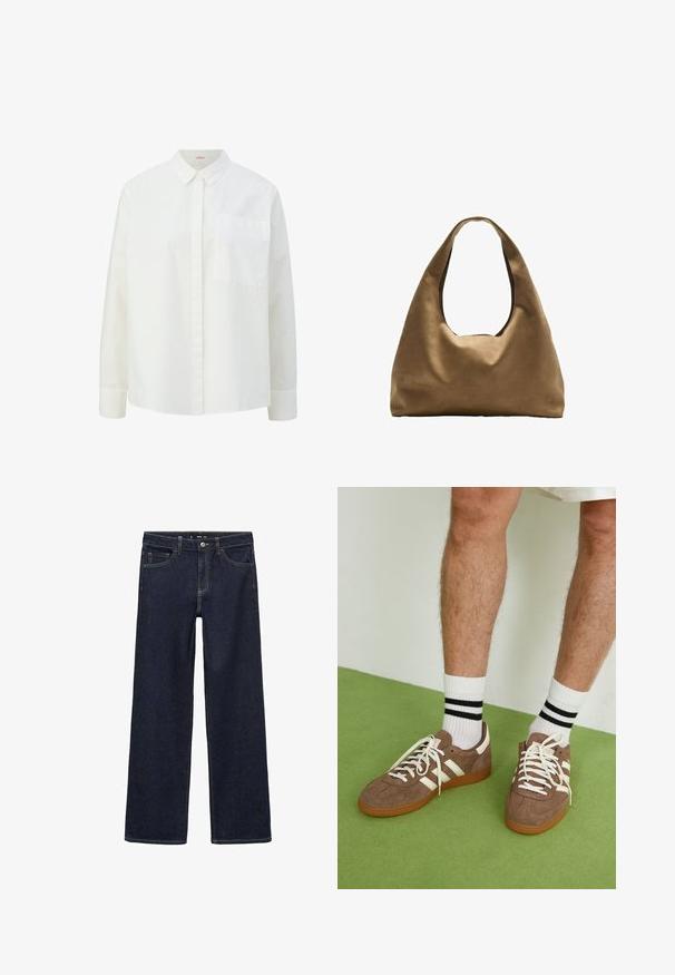 White button-up shirt featuring a spread collar, long sleeves, a single chest pocket, and a relaxed fit for comfort. Smooth cotton texture.; White cotton tank top with a scooped neckline, no sleeves, and a fitted shape. Smooth texture, plain design, and minimal stitching details.; Dark wash denim jeans with a relaxed fit. Features a high waist, five pockets, and contrasting stitching. Straight leg design, no embellishments.; Brown suede sneakers with white accents and laces. Rubber gum sole. Worn with white socks featuring black stripes. Green textured flooring.; Brown fabric shoulder bag with a wide, rounded body and a large cutout handle. Soft texture, minimalistic design, and no visible hardware.