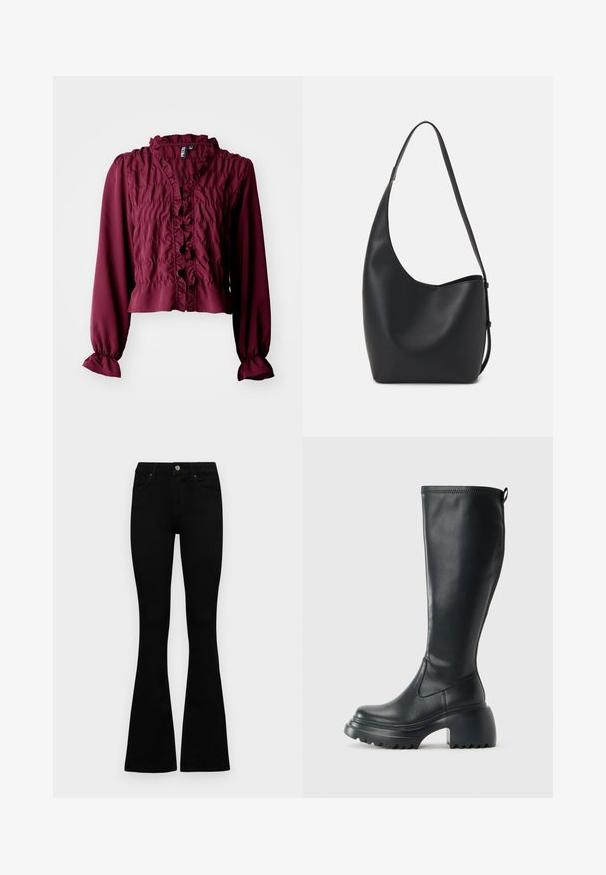 Blusa bordeaux com mangas compridas, frente plissada, textura franzida e um design cropped. Apresenta um tecido macio e fluido, além de um colarinho mandarim.; Jeans pretos de cintura alta com fecho de botão e zíper, bolsos frontais e pernas largas dispostos em cima de um fundo branco.; Bota preta de couro alta com sola de plataforma robusta e salto bloco, apresentando puxador e padrão texturizado na sola.; Saco hobo preto em pele com uma textura lisa, forma curva e uma única alça ajustável; apresenta uma abertura larga na parte de cima.