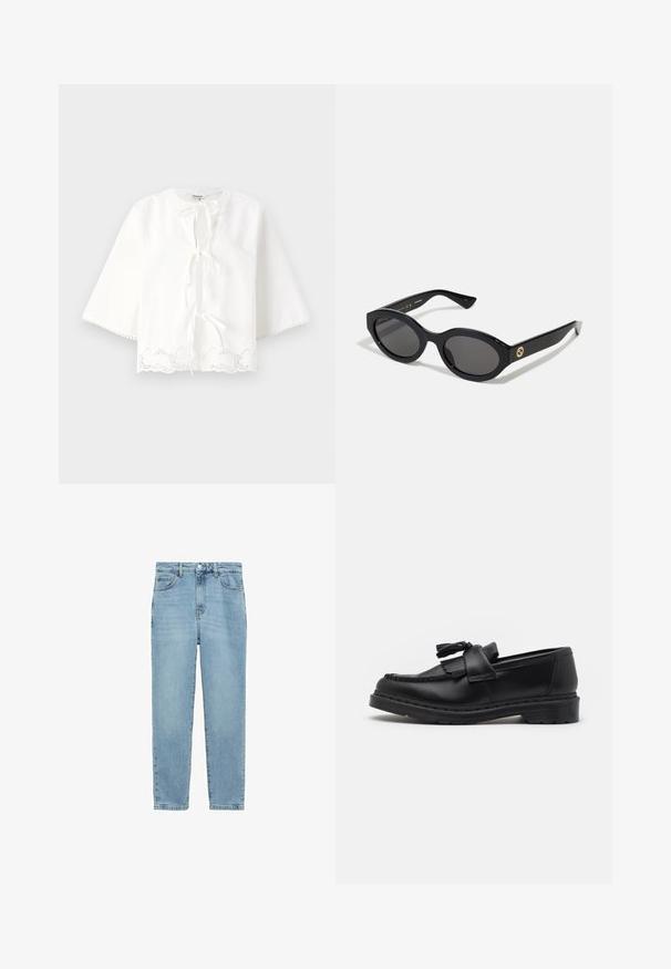 Biela blúzka s okrúhlym výstrihom, zatváraním na viazanie vpredu, trojštvrťovými rukávmi a vlnkovaným čipkovým detailom pozdĺž spodného okraja.; Svetlo modré džínsy s rovnými nohavicami, piatimi vreckami a zapínaním na gombíky. Materiál má mäkký, textúrovaný povrch.; Čierne kožené loafery s strapcovým akcentom, vyšívaným detailom pozdĺž okraja a hrubou gumovou podrážkou pre odolnosť.; Čierne oválne slnečné okuliare s tmavými sklami a lesklým plastovým rámom. Obsahujú zlaté logo na stráne, čo im dáva elegantný a moderný dizajn.