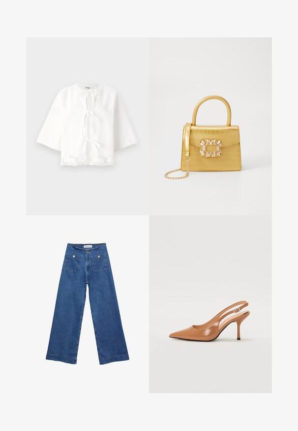 Biała bluzka z okrągłym dekoltem, zasuwana z przodu na węzeł, z rękawami 3/4 oraz koronkowym wykończeniem w kształcie falbanki na dole.; Jeans dżinsowe o szerokich nogawkach w średnim niebieskim odcieniu, z dwiema przednimi kieszeniami zapinanymi na guziki oraz przeszyciami wzdłuż dołów nogawek.; Sandały na obcasie z kwadratowym noskiem, wykonane z gładkiego, błyszczącego materiału w kolorze brązowym. Charakteryzują się zaokrąglonym wycięciem i smukłym obcasem typu stiletto. Detal w postaci srebrnej klamry.; Żółta torebka z faux-krokodylka o wyrafinowanej konstrukcji, z górnym uchwytem, odpinanym łańcuszkiem oraz dekoracyjnym kryształowym zdobieniem na zapięciu.
