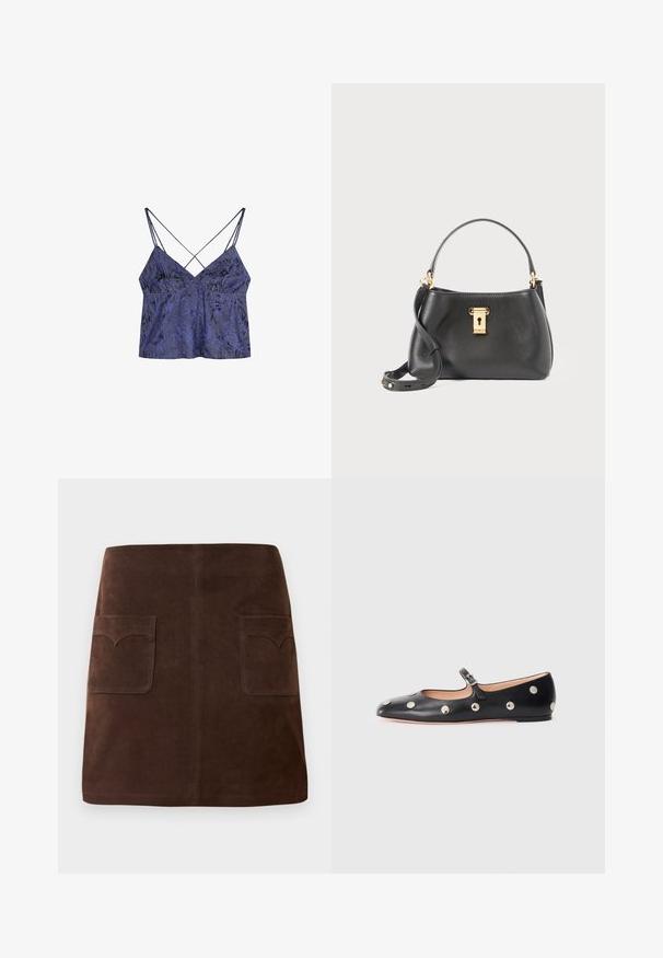 Lila kukkakuosiset satiinipusero ohuilla ristikkäisillä olkaimilla ja hieman A-linjaisella muodolla, jossa on pehmeä, tekstuuri pinta.; Ruskea mokkanahkainen hame, jossa on klassinen A-linjainen malli, kaksi etutaskua pyöreillä läpillä ja hienovaraisia ommeltyöstöjä.; Musta nahkainen Mary Jane -tyylinen tasapohjakenkä, jossa on pyöreä varvas. Kenkässä on hopeisia pyöreitä niittejä ja säätöremmi, jossa on solki.; Mustikka nahkalaukku, jossa on tekstuuripinta, kultainen lukitus, lyhyt kahva ja irrotettava olkahihna.