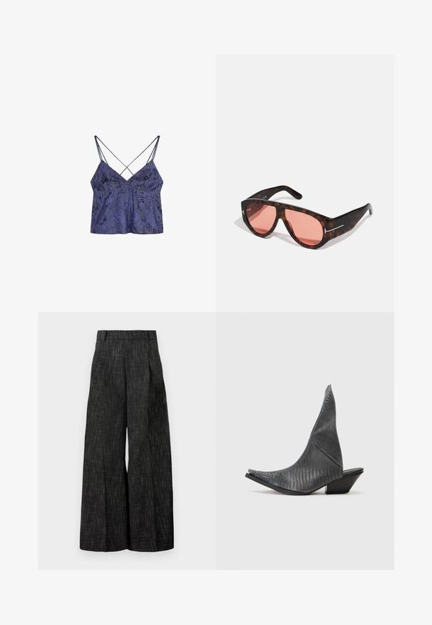 Camisole di raso a fantasia floreale viola con sottili spalline incrociate e una leggera forma a A, caratterizzata da una superficie morbida e testurizzata.; Pantaloni neri a gamba larga con un motivo a trama e pieghe, dotati di una vita tailored e di un taglio raffinato, con dettagli minimi.; Mule nere con tacco alto e punta affusolata, caratterizzate da una texture a motivo serpente. Presentano un tacco triangolare basso e un design superiore curvo e liscio.; Occhiali da sole tartarugati con lenti rosa, caratterizzati da un audace design angolare e sottili dettagli in metallo argentato sulla montatura.