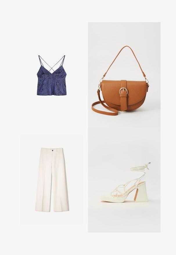 Fioletowa satynowa koszulka z kwiecistym wzorem, z cienkimi krzyżującymi się ramiączkami i lekkim kształtem A-linii, z miękką, teksturowaną powierzchnią.; Kremowe spodnie szerokie z dopasowanym krojem, z dwoma przednimi kieszeniami i pojedynczym zapięciem na guzik z przodu, wykonane z gładkiego materiału.; Biała sandał na wysokim obcasie z masywnym słupkiem, z paskowym wzorem i wiązaniem przy kostce. Gładka faktura z platformą z przodu dla dodatkowej wysokości.; Brązowa skórzana torba na ramię o zaokrąglonym kształcie, ze złotymi akcentami i zapięciem w formie klamry. Posiada odpinany pasek na ramię.