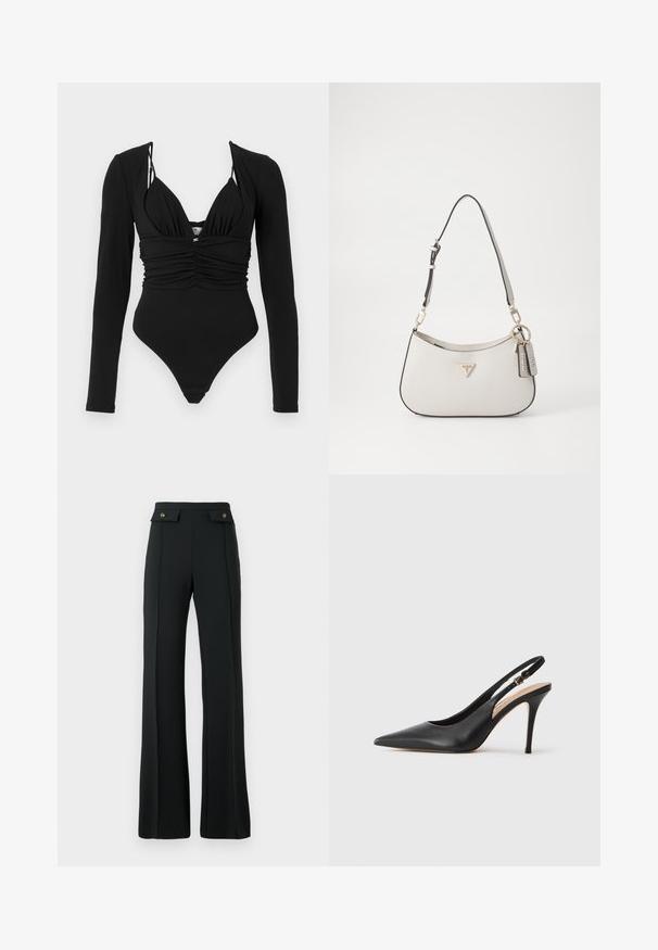 Černý jednodílný plavky s dlouhými rukávy, hlubokým V-výstřihem, nařaseným předním dílem a vysokými výřezy na nohavicích. Hladká textura, minimální hardware.; Černé flared kalhoty s vysokým pasem, s předními švy a dvěma klopovými kapsami na pásu se zlatými knoflíky.; Černá kožená slingback lodička na vysokém podpatku s špičatou špičkou, hladkým povrchem a jemným páskem se metalickou sponou.; Bílá texturovaná kabelka s zakřiveným tvarem, zlatými doplňky, odnímatelným popruhem a akcentem s logem. Obsahuje přívěsek na klíče s brandingem.