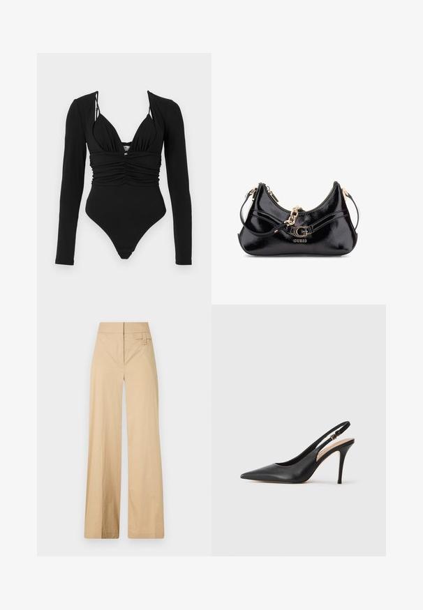 Črno enodelno kopalke z dolgimi rokavi, globokim V-izrezom, nabrano sprednjo stranjo in visokimi izrezi na nogah. Gladka tekstura, minimalni okrasni elementi.; Beige široke hlače iz mešanice bombaža. Imajo gladko teksturo, elastičen pas in stranski gumbov detajl.; Črne usnjene sandale s peto s konicami, gladko teksturo in nežnim trakom z kovinsko zaponko.; Črna lakasta torba z ukrivljenim dizajnom, z zlatimi kovinskimi dodatki in izrazitim logotipom. Vključuje snemljiv rame podloženi trak.