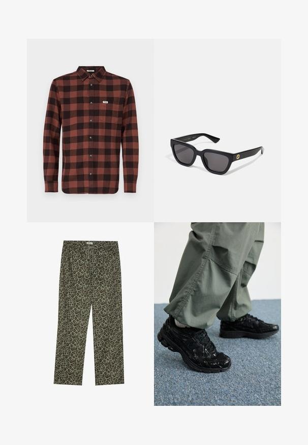 Camicia a maniche lunghe in cotone a quadri rossi e neri, con colletto bottone-down, chiusura con bottoni sulla parte anteriore e taschino sul petto con logo.; Pantaloni in stampa leopardata color verde oliva, realizzati in tessuto morbido, con cintura elastica e chiusura con cordoncino per una vestibilità regolabile.; Sneaker atletici neri con texture lucida e in rete, dotati di una suola spessa e lacci, abbinati a pantaloni cargo larghi verde oliva.; Occhiali da sole rettangolari neri con finitura lucida, lenti scure e dettagli dorati sulla tempia che presentano il logo.