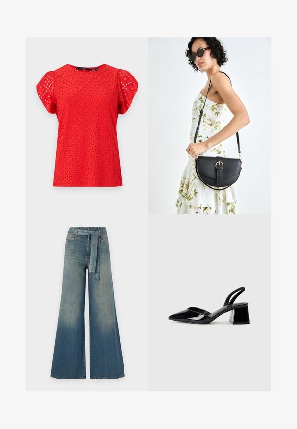 Top rosso a maniche corte con un design testurizzato caratterizzato da tagli a diamante e una finitura liscia. Collo rotondo e maniche a sbuffo.; Pantaloni in denim a gamba larga con una sfumatura che va dal blu chiaro al blu scuro, vita alta, passanti per cintura e una cintura in tessuto coordinato. Finitura in denim strutturato.; Décolleté in vernice nera con punta affusolata e tacco in geometria cubica. Presentano un design elegante e minimalista, con una texture liscia.; Borsa a tracolla nera in pelle con una forma curva, manico rimovibile e accessori dorati. La borsa presenta una patta con un dettaglio a fibbia.