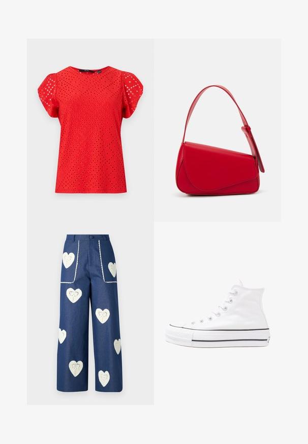 Rdeča majica s kratkimi rokavi z teksturiranim dizajnom in diamantnimi izrezi ter gladko površino. Okrogla izrezana ovratnica in napihnjeni rokavi.; Sister Jane HEART TO HEART - Ravne kavbojke - blue denim; Beli visoki platneni športni čevelj z črnim gumijastim podplatom, sprednjim gumijastim zaščitnikom za prste in šestimi luknjicami za vezalke, ki se ponaša s preprostim, minimalističnim dizajnom.; Rdeča usnjena torba z angularnim, geometrijskim dizajnom. Ima en samostoječ nastavljiv ročaj in pokrov, zaprt z zapiranjem, ki je okrašen s šivi.