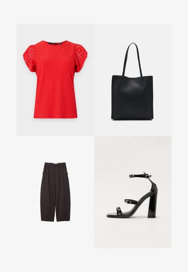 Rød kortærmet top med et tekstureret design med diamantudskæringer og en glat finish. Rund halsudskæring og puffede ærmer.; Sorte brede bukser lavet af et glat stof, med høj talje, forfaldne folder og sidelommer. Simpelt design uden udsmykninger.; Sorte patenterede hælsandaler med firkantet tå, ankelremme og sølvspænder. Har en chunky blokHæl for stabilitet.; Sort læder tote taske med glat tekstur, rektangulær form og to lange hanke. Ingen synlig hardware eller udsmykninger.