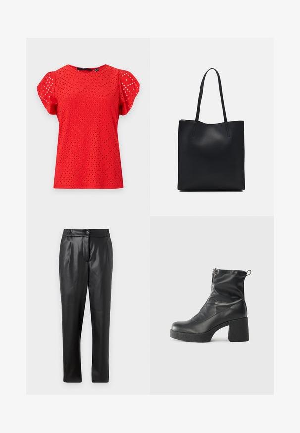 Rdeča majica s kratkimi rokavi z teksturiranim dizajnom in diamantnimi izrezi ter gladko površino. Okrogla izrezana ovratnica in napihnjeni rokavi.; Črne usnjene hlače z gladko teksturo, ravnim krojem, elastičnim pasom in sprednjim gumbom; nagubani detajli in zoženi nogi.; Črne gležnjarje iz gladke kože z božnim zadrgo, masivnim teksturiranim peto in zaobljeno obliko prstov.; Črna usnjena torba s svilnato teksturo, pravokotne oblike in dvema dolgima ročajema. Brez vidnih metalnih delov ali okrasnih elementov.