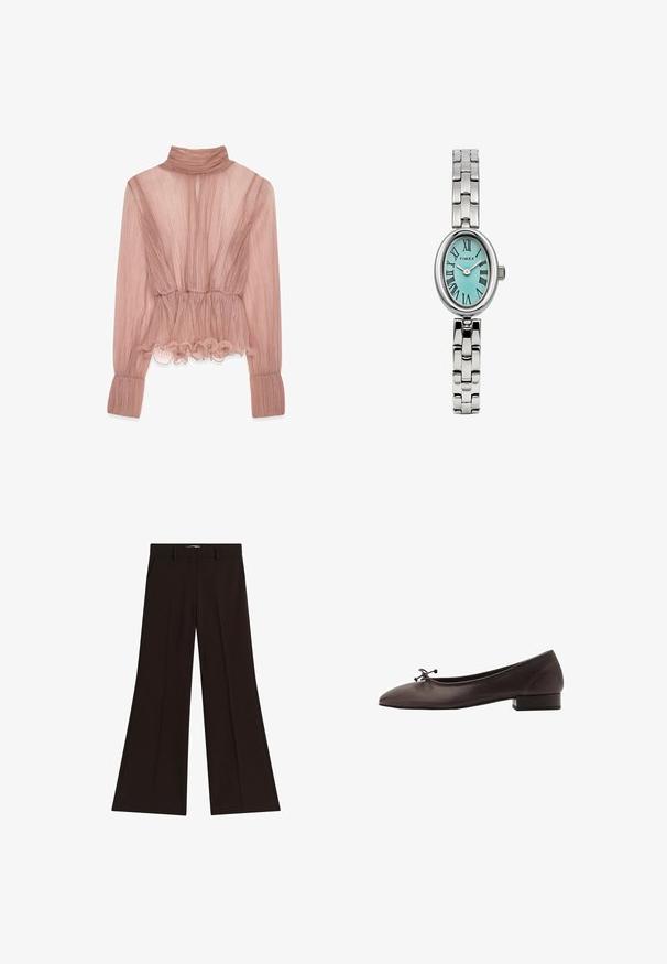 Lyserød plisseret bluse med høj krave, flæset kant og lange ærmer, der har tekstureret stof og en tætsiddende talje.; Sorte højtaljede bukser med brede ben, bæltestropper og sidelommer, lagt fladt på en hvid baggrund.; Brune læder balletflade med rund tå og lille blokhæl. Har en tynd sløjfe foran og diskrete syningsdetaljer.; Sølvfarvet Timex ur med oval urskive, teal farvet skive, romerske tal og et poleret metalarmbånd med strukturerede led.; Sølvøreringe med et tekstureret design og en rund, hvid perle i midten, sat i en bølget, åben ramme.