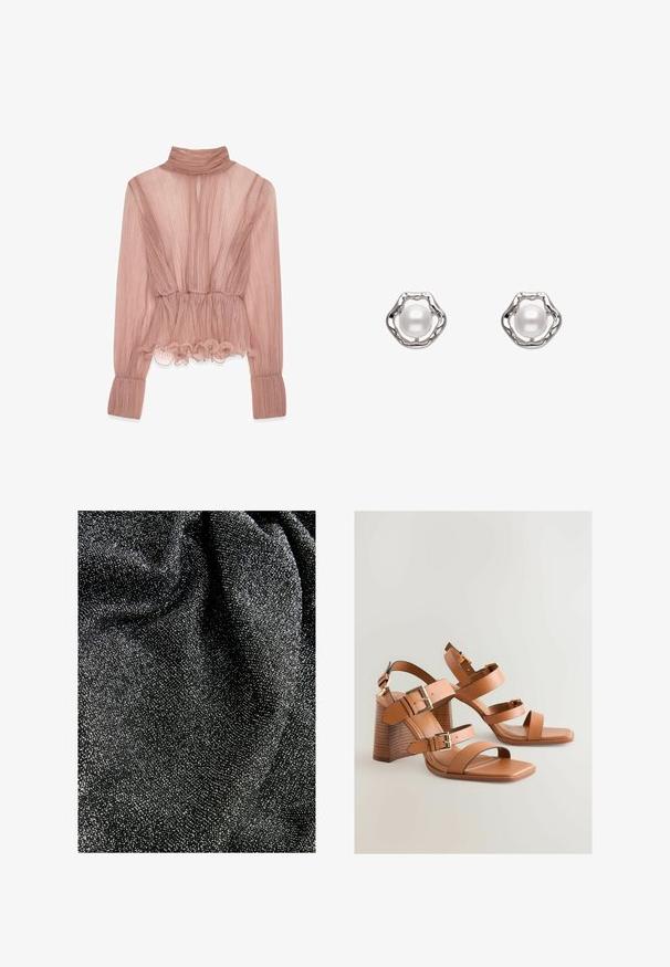 Helles rosa, plissiertes Blusenshirt mit hohem Kragen, Rüschensaum und langen Ärmeln. Es hat einen strukturierten Stoff und eine taillierte Passform.; Schwarzer Stoff mit strukturierter Oberfläche, der winzige silberne Flocken zeigt und einen funkelnden Effekt erzeugt. Das Material wirkt weich und fällt fließend.; Braune Leder-High-Heel-Sandalen mit mehreren Riemen, goldenen Hardware-Elementen und einem schrägen Blockabsatz. Glatte Textur, offenes Zehen-Design.; Silberohrringe mit einem strukturierten Design und einer runden, weißen Perle in der Mitte, eingefasst in einem wellenförmigen, durchbrochenen Rahmen.