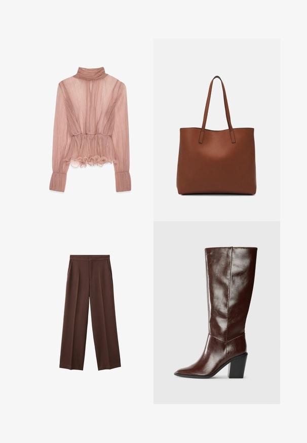 Svetloružová plisovaná blúzka s vysokým golierom, nariaseným lemom a dlhými rukávmi, vyrobená z textúrovanej tkaniny s priliehavým pásom.; Hnedé široké nohavice s hladkou textúrou, ktoré majú dva bočné vrecká a plyšový predný diel pre voľný strih.; Vysoká tmavo hnedá kožená topánka s špicatou špičkou a blokovým podpätkom, zobrazená zboku na jednofarebnom pozadí.; Hnedá kožená taška na rameno s hladkou textúrou, otvoreným vrchom a dvoma ramenými popruhmi. Má minimálne šitia a žiadne viditeľné kovania.; Hnedé kožené rukavice s hladkým povrchom, obsahujúce päť prstov, elastický zápästný okraj a dekoratívne prešívanie pozdĺž okraja.
