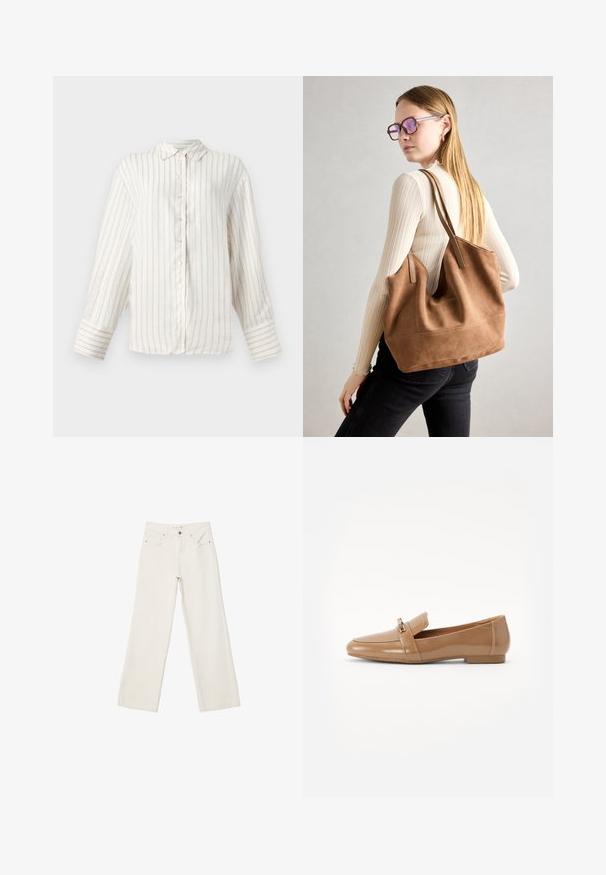 Biała koszula z długim rękawem w cienkie beżowe pionowe paski, z zapięciem na guziki z przodu i klasycznym kołnierzykiem. Szerokie mankiety z dopasowanym wzorem pasków.; Białe dżinsy w szerokim kroju wykonane z denimu, z wysokim stanem, przednimi kieszeniami i zapięciem na guzik. Czysty design z minimalnymi akcentami.; Beżowe lakierowane mokasyny z okrągłym noskiem, ozdobione dekoracyjnym paskiem i małym metalowym akcentem, na niskim płaskim obcasie.; Brązowa torebka typu tote wykonana z zamszu o miękkiej teksturze, z dużym otwarciem i długimi paskami. Charakteryzuje się prostym designem z widocznymi szwami i bez elementów metalowych.