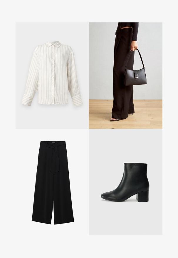 Bela srajca z dolgimi rokavi z tankimi bež navpičnimi črtami, z gumbi na sprednji strani in klasičnim ovratnikom. Široki manšeti z usklajenim vzorcem črt.; Črne široke hlače iz teksturirane tkanine, z elastičnim pasom in odstranljivim trakom na pasu za prilagodljivo prileganje.; Črne usnjene gležnjarje s koničastim nosom in debelim peto. Gladka tekstura z minimalnimi detajli in eleganten, prilegajoč dizajn.; Črna torbica z strukturirano obliko, gladko teksturo in kovinskim zaponko. Ujemajo se z širokimi črnimi hlačami in odprtimi sandali na lesenem tleh.