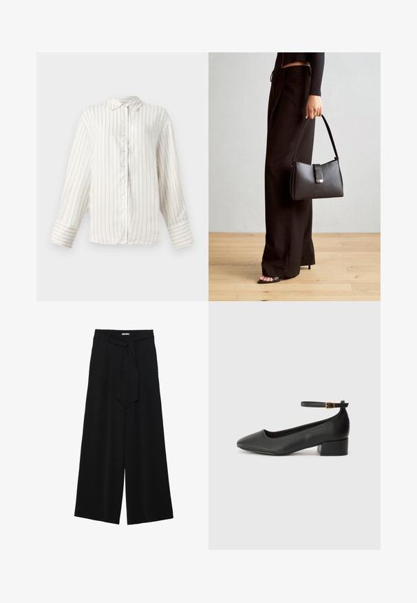 Camicia bianca a maniche lunghe con sottili righe verticali beige, con bottoni frontali e colletto classico. Polsini ampi con motivo a righe coordinato.; Pantaloni neri a gamba larga caratterizzati da un tessuto testurizzato, una vita elastica e una cintura staccabile per una vestibilità regolabile.; Pump in pelle nera con punta affusolata e tacco basso a blocco. Presenta una cinghia alla caviglia con una fibbia in tonalità oro. Texture liscia.; Borsa nera con forma strutturata, texture liscia e una chiusura metallica. Abbinata a pantaloni neri larghi e sandali open-toe su un pavimento in legno.