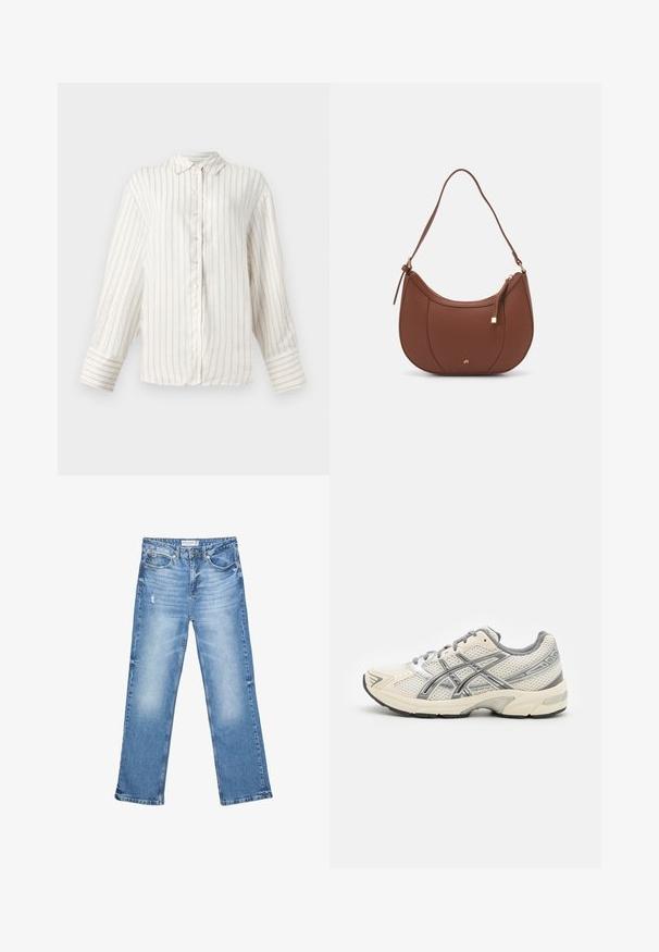 Witte blouse met lange mouwen en dunne beige verticale strepen, knoopsluiting aan de voorkant en een klassieke kraag. Brede manchetten met een bijpassend streeppatroon.; Lichtblauwe denim jeans, recht model, vervaagde gebieden en subtiele slijtage. Voorzien van vijf zakken en een klassieke knoopsluiting.; Hardloopschoenen met een ademend wit mesh bovenwerk, zilveren accenten, grijze veters en een duurzame zwarte rubberen zool. Lichtgewicht, gevoerd ontwerp.; Bruine faux leren schoudertas met een gebogen vorm, minimale stiksels en een gouden hardware-accent. Voorzien van een bovenste ritsluiting en een verstelbare schouderband.