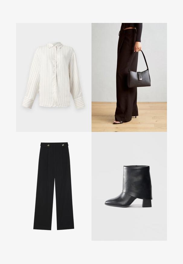 Weißes Langarmhemd mit feinen beigen vertikalen Streifen, Knopfverschluss vorne und klassischem Kragen. Breite Manschetten mit passendem Streifenmuster.; Schwarze weite Hosen mit hoher Taille, Knopfdetails am Bund und vorderen Falten.; Schwarze Lederstiefelette mit spitzer Zehenform, glatter Oberfläche und strukturiertem Blockabsatz. Mit einem hohen, gefalteten Schaftdesign.; Schwarze Handtasche mit strukturierter Form, glatter Textur und einem metallischen Verschluss. Kombiniert mit weiten schwarzen Hosen und offenen Sandalen auf einem Holzboden.