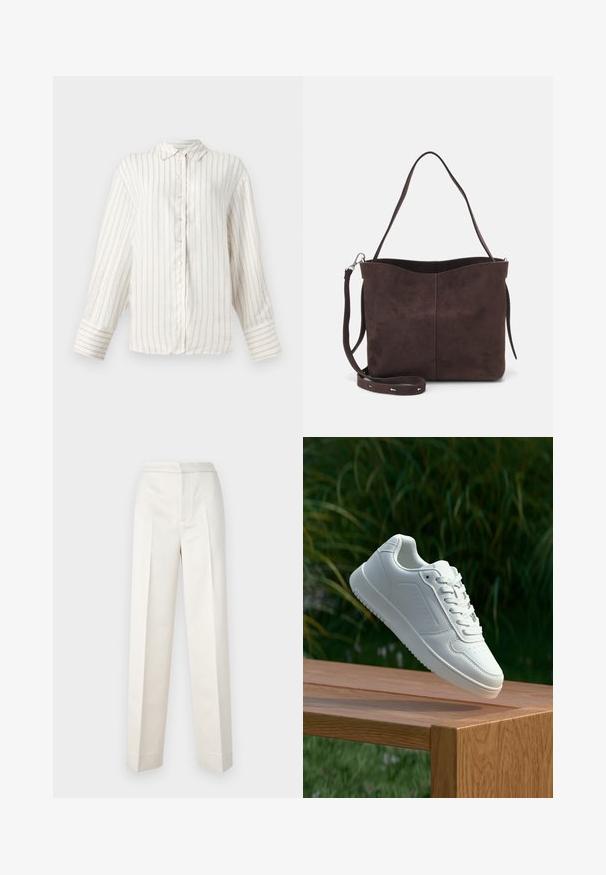 Camicia bianca a maniche lunghe con sottili righe verticali beige, con bottoni frontali e colletto classico. Polsini ampi con motivo a righe coordinato.; Pantaloni color crema con vestibilità sartoriale, dotati di gamba dritta, tessuto liscio, pince frontali e orlo pulito. Design minimalista.; Sneaker bianco con tomaia in sintetico liscio, punta perforata, lacci piatti e suola testurizzata, esposto su una superficie di legno.; Borsa a spalla in suede marrone con una texture morbida, caratterizzata da una singola tracolla e un'apertura superiore leggermente curvata. Nessun dettaglio hardware visibile.
