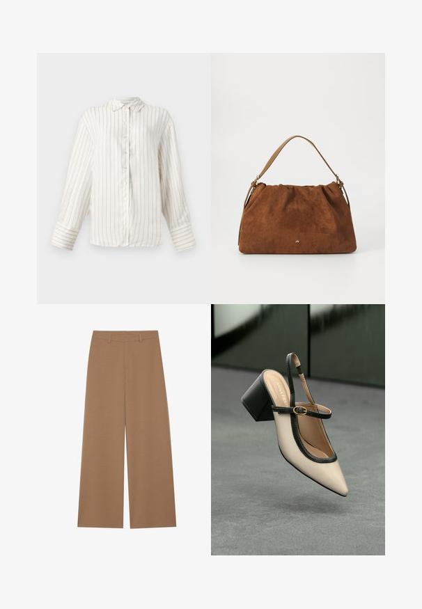 Balta garām piedurknēm krekls ar plānām bēšām vertikālām svītrām, pogu aizdare priekšā un klasiskā apkakle. Plašas aproces ar atbilstošu svītru rakstu.; Platas kāju bikses vienkāršā brūnā krāsā, izgatavotas no teksturētas auduma; ar augstu jostasvietu un strukturētu dizainu, kas aprīkots ar josta cilpiņām.; Bēša augstpapēžu kurpe ar atvērtu papēdi, smailu purngalu, melnu apmali un sprādzes detaļu. Gluds materiāls ar matētu apdari, vidēja izmēra bloka papēdis.; Brūna zamšāda soma ar savilkšanas dizainu, kurai ir viena gaiši brūna ādas siksna un smalka zelta logo detaļa priekšpusē.