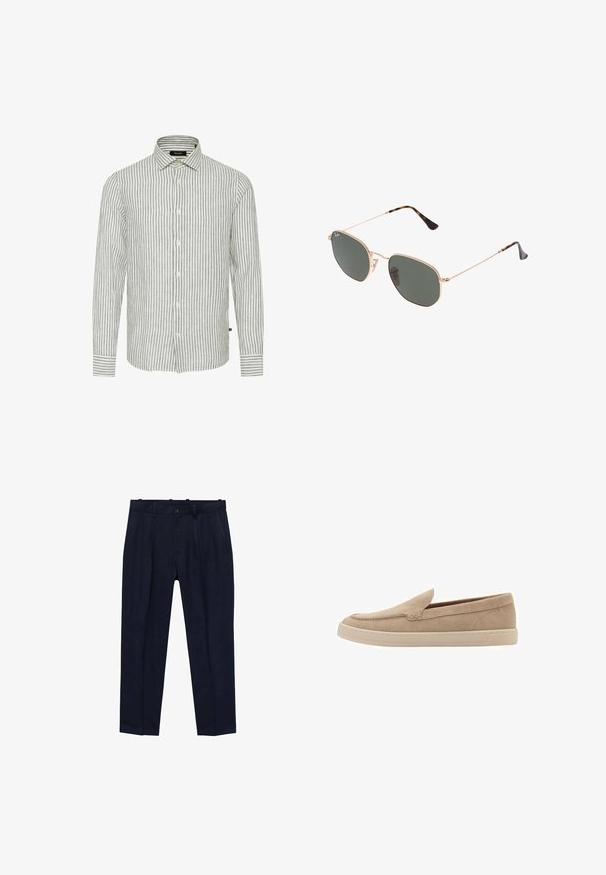 Siva in bel prugasti srajca s dugimi rokavi, klasičnim ovratnikom in sprednjimi gumbi; ima teksturirano tkanino z drugačnim dizajnom.; Modre hlače iz gladkega materiala, ki imajo rahlo krojen kroj, sprednje gube, zanke za pas in enojno zapenjanje na gumb.; Bež izsušene copate z zaobljenim prstom in šiviljskim detajlom. Svetlo obarvan gumijast podplat z nizkim profilom.; Sončna očala z zlatim kovinskim okvirjem in temno zelenimi lečami, aviatorskega sloga, z vitekimi ročaji in želvovim vzorcem na konicah.