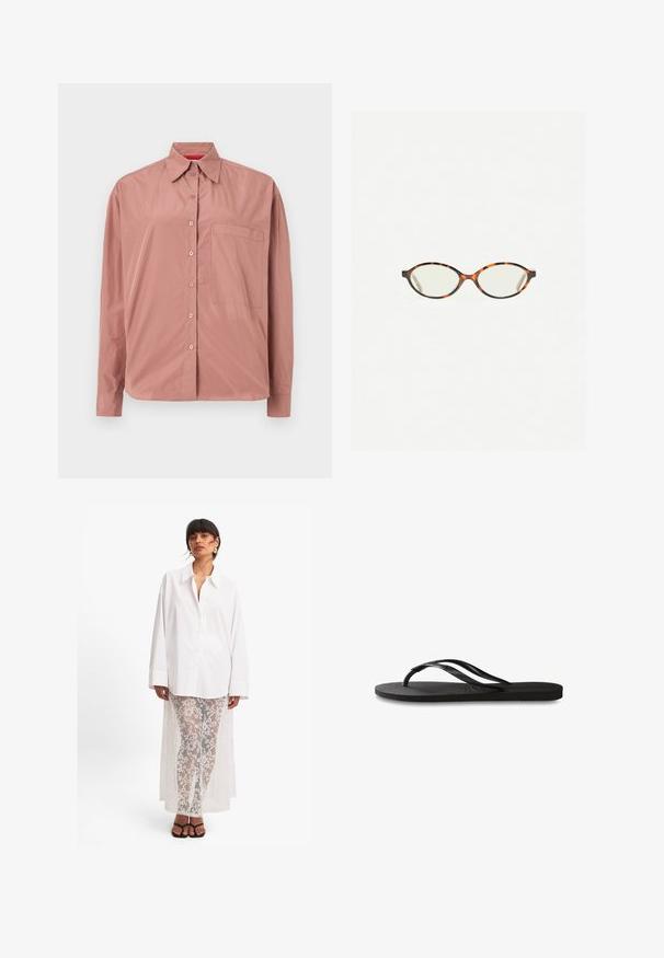 Srajca z dolgimi rokavi in gumbi v prahu rožnati barvi, izdelana iz gladkega materiala. Ima žep na prsih in strukturiran ovratnik. Gumbi so usklajeni po barvi.; Bela srajca z dolgimi rokavi, kombinirana z prosojnimi belimi čipkastimi hlačami z rožnatim vzorcem in dolgim zadnjim draperjem. Črne sandale.; Črne natikače z teksturirano gumijasto podlogo, dvema ozkima trakoma in subtilnim, vtisnjenim logom na traku.; Kornjačaste očala z ovalnimi lečami in gladko, sijočo površino. Imajo tanke stranice z rahlim ovinkom na templjih. Prosojne leče.