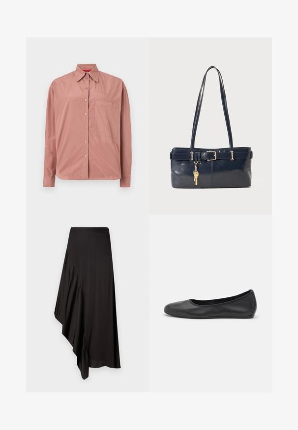 Langærmet, knap-op skjorte i støvet pink, lavet af blødt stof. Har en brystlomme og en struktureret krave. Knapperne er farvematchede.; AERON ASTER SKIRT - Pencil skirt - black; Sort læderballetsko med rund tå, glat tekstur, minimal syning og et fleksibelt såldesign.; Mørkeblå læderhåndtaske med to lange håndtag, en spænde detaljer og en nøglering vedhæftet. Den har en glat tekstur og en rektangulær form.
