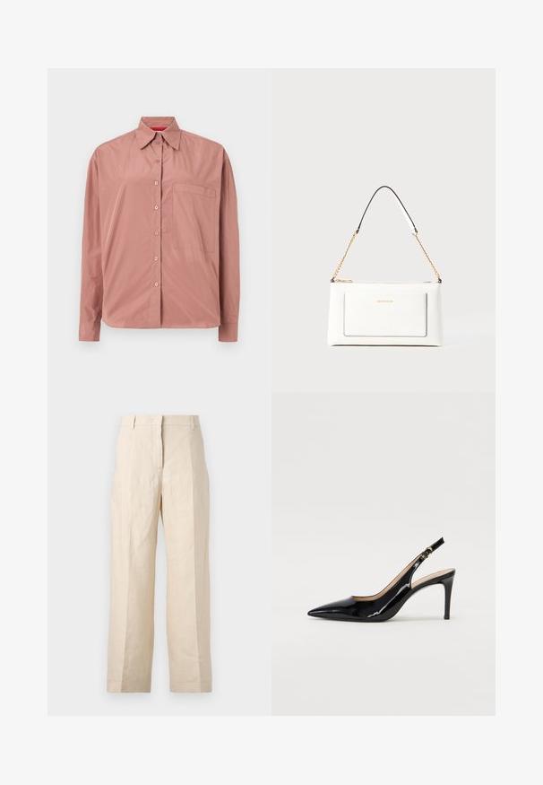 Long-sleeve, button-up shirt in dusty pink, made of smooth fabric. Features a chest pocket and a structured collar. Buttons matched in color.; Beige linen trousers with a loose fit, pleated front, and straight legs. Features a waistband with belt loops and no visible pockets.; Black patent leather slingback pump with pointed toe, slim heel, and a subtle cutout design. Features a gold buckle on the strap.; White leather handbag with a textured finish, featuring a gold chain strap and black accents. Includes a front pocket and zipper closure.