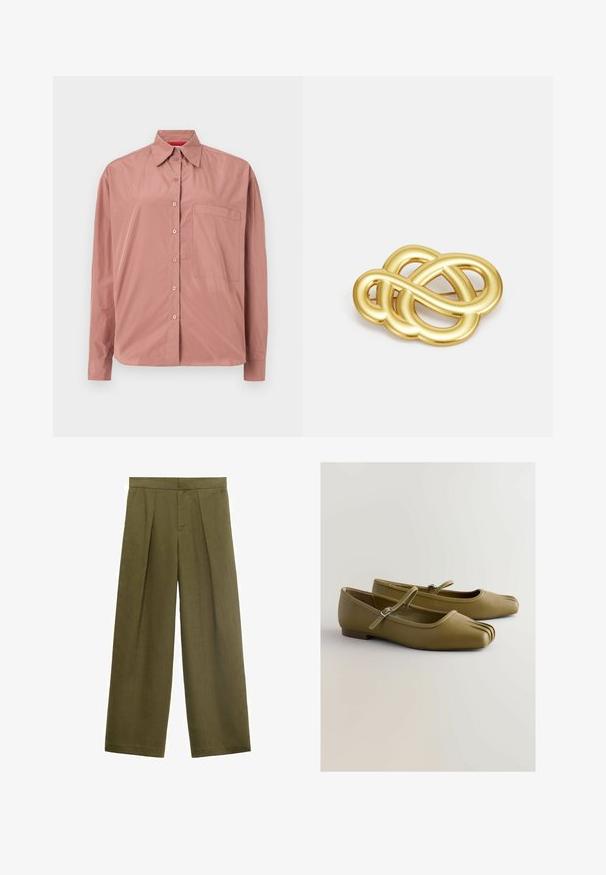 Langsleeve, knoop-overhemd in stoffige rozenkwarts, gemaakt van gladde stof. Voorzien van een borstzak en een gestructureerde kraag. Knoopjes in bijpassende kleur.; Olijfgroene wijde broek gemaakt van gestructureerde stof, met geplooide voorkant en ritssluiting, met een rechte pasvorm en zonder zichtbare zakken.; Olijfgroene leren platte schoenen met een ronde neus, voorplooien en een gespband. Platte zool en gladde textuur. Minimalistisch ontwerp.; Goudkleurige broche met een knoopontwerp, featuring gladde, gebogen lijnen en een ingewikkelde vorm, wat zorgt voor een gepolijste afwerking.