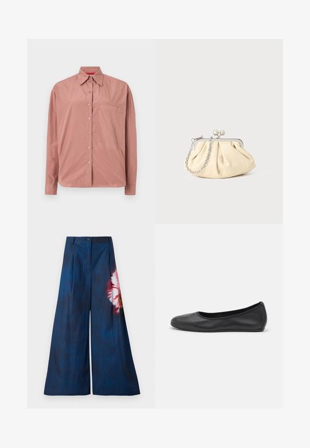 Langærmet, knap-op skjorte i støvet pink, lavet af blødt stof. Har en brystlomme og en struktureret krave. Knapperne er farvematchede.; Breddebenede bukser i mørk marineblå stof, med et blomsterprint i pink og gul på den ene side, samt en knaplukning ved taljen.; Sort læderballetsko med rund tå, glat tekstur, minimal syning og et fleksibelt såldesign.; Plisseret beige læderclutch med en sølvmetalramme, der har to runde dekorative låse og en sølvkædetrasporte.