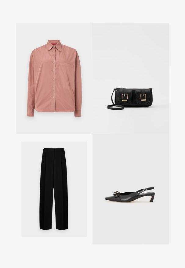 Pika-särk pikas varrukas, roosa tolmuvärv, valmistatud siledast kangast. Omab rinna taskut ja struktureeritud kraed. Nupud on värviga sobitatud.; Mustad laiad püksid kõrge vöökohtaga, millel on voldid ja sujuv tekstuur. Kanga välimus on kerge ja see ripub elegantselt.; Must must nahk slingback kingad terava varbaga, väikese kontsaga ja dekoratiivse pandlaga ülaosas. Sile tekstuur, minimalistlik disain.; Must küllastamata nahast õlakott, millel on kaks esist nähtavat taskut, kuldsed pandlad, tõmblukuga sulgemine ja peen rihm. Tekstuuriga pind ja kompaktne ristkülikukujuline kuju.