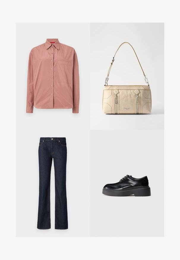 Langärmliges, knöpfbares Hemd in staubigem Pink, aus glattem Stoff gefertigt. Verfügt über eine Brusttasche und einen strukturierten Kragen. Die Knöpfe sind farblich abgestimmt.; Dunkelblaue Denim-Jeans mit ausgestellter Form, fünf Taschen und kontrastierendem orangefarbenem Nähten entlang der Nähte und Taschen.; Schwarze Lederschuhe mit abgerundeter Spitze, dickem Plateausohlen und dekorativen Schnürdetails. Glatte Textur und sichtbare Kontrastnähte.; Beige Lederhandtasche mit silbernen Beschlägen, zwei seitlichen Reißverschlüssen, strukturiertem Design und einem abnehmbaren Trageriemen für Vielseitigkeit.