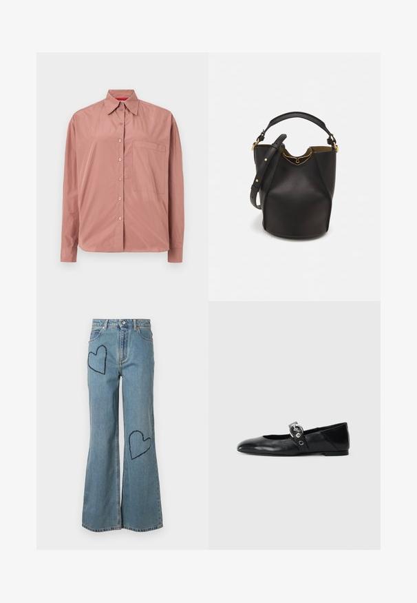 Long-sleeve, button-up shirt in dusty pink, made of smooth fabric. Features a chest pocket and a structured collar. Buttons matched in color.; Light blue denim flared jeans featuring two dark blue heart patches on the front. Classic five-pocket design with a button closure.; Black leather ballet flats with a pointed toe, featuring a strap with a circular metallic buckle and a flat sole.; Black leather bucket bag with a textured finish, gold hardware accents, and an open top. Features a short handle and adjustable shoulder strap.