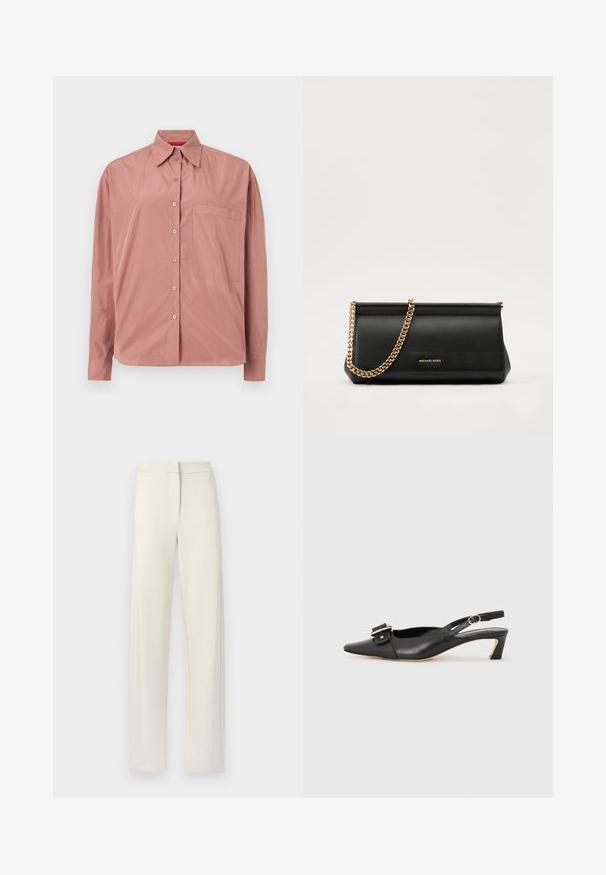 Koszula z długim rękawem, zapinana na guziki w przytłumionym różu, wykonana z gładkiego materiału. Posiada kieszonkę na piersi i usztywniony kołnierz. Guziki w dopasowanym kolorze.; Kremowe, szerokie spodnie z miękkiego materiału, z płaskim przodem, kieszeniami bocznymi i przeszyciami wzdłuż szwów.; Czarne skórzane buty typu slingback z ostrym noskiem, małym obcasem i ozdobnym zapięciem na górze. Gładka faktura, minimalistyczny design.; Czarna skórzana kopertówka z złotym łańcuszkiem, charakteryzująca się gładką fakturą, prostokątnym kształtem i wytłoczonym logo z przodu.