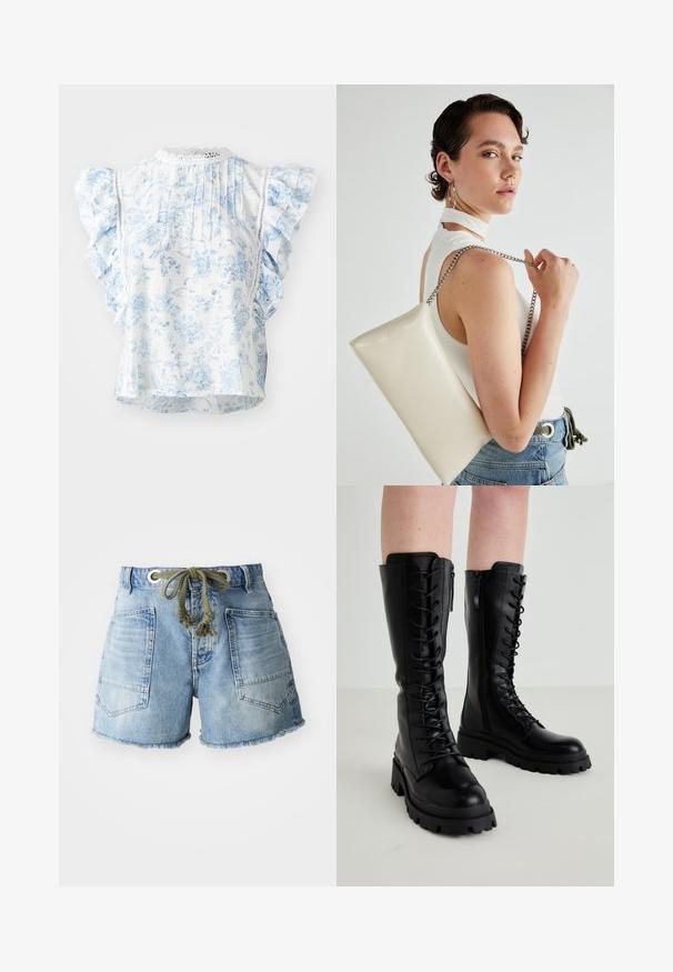 Balta bluzelė su mėlynu gėlių raštu, trumpomis volnėmis rankovėmis, klostuota nugarine dalimi ir nėriniu apipavidalintu iškirpimu. Lengvas audinys.; Šviesiai mėlynos džinsinės šortai su suplyšusiais kraštais. Turi dvi užpakalines kišenes ir virvutę su sidabriniais skylutėmis, kad būtų galima reguliuoti dydį.; Juodos odinės iki kelių aukštos bootai su raišteliais priekyje, šonine užtrauktuku, storu guminiu padu ir tekstūruotu akcentu viršuje.; Balta, stačiakampio formos rankinė pagaminta iš blizgaus medžiagos, su sidabriniu virvute. Modelis pozavo, demonstruodamas rankinę prieš paprastą foną.