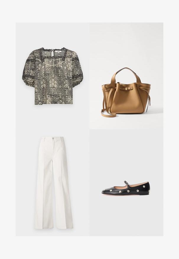 Blusa a maniche corte in un motivo floreale crema e nero, con scollatura a forma di onda e dettaglio a chiave sul retro. Tessuto leggero.; Pantaloni bianchi a gamba larga realizzati in cotone con una texture liscia. Presentano un bottone anteriore, una zip e un design a quattro tasche.; Scarpa flat nera in pelle tipo Mary Jane con punta arrotondata, caratterizzata da borchie circolari argentate e una fascia regolabile con fibbia.; Tory Burch ROMY PEBBLED SATCHEL - Borsa a mano - tiramisu
