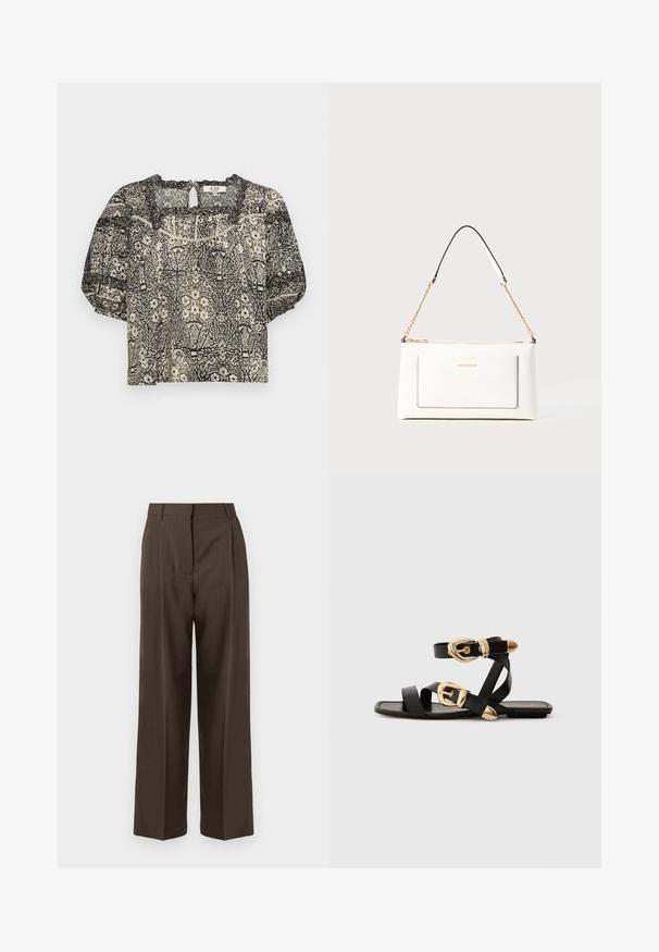 Trumpas rankovėmis bluzonas kreminės ir juodos gėlėtos raštos, su banguotu iškirpimu ir rakto skylutės detalėmis nugaroje. Lengvas audinys.; Rudos platesnios kelnės su lygiu paviršiumi, turinčios aukštą liemenį, priekinės klostes ir pritaikytą dizainą. Nėra matomų kišenių ar puošmenų.; Juodos odinės šlepetės su auksiniais sagtelėmis, turinčios daugybę dirželių ir plokščią padą, skirtos atviriems pirštams.; Balta odinė rankinė su tekstūruotu paviršiumi, turinti auksinį grandinėlės dirželį ir juodas detales. Įskaičiuota priekinė kišenė ir užtrauktuko uždarymas.