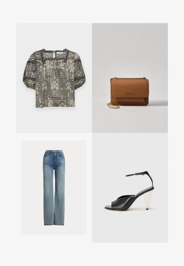 Blusa a maniche corte in un motivo floreale crema e nero, con scollatura a forma di onda e dettaglio a chiave sul retro. Tessuto leggero.; Jeans blu a vita alta, con gamba dritta, dotati di tasche frontali, passanti per cintura e chiusura a bottone, caratterizzati da una leggera sfumatura sbiadita.; Sandal con tacco alto in pelle nera, con punta aperta, design asimmetrico, cinturino alla caviglia e tacco metallico a forma di cono. Texture liscia.; Borsa a tracolla in pelle marrone con texture, dotata di catena dorata e chiusura a pattina. Sul davanti presenta un dettaglio con logo e una tasca sotto la pattina.