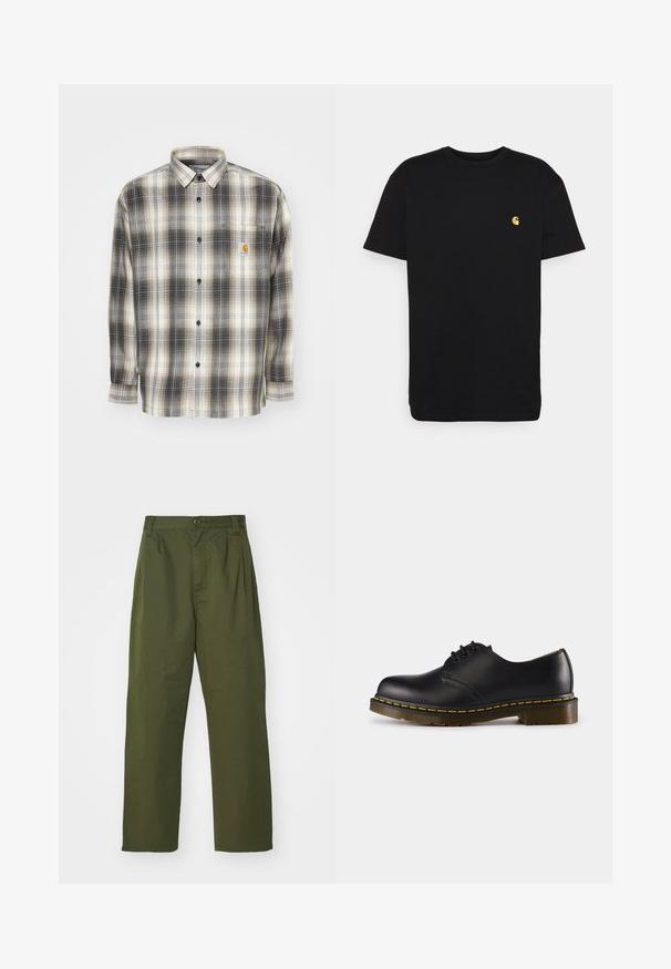 Chemise à manches longues avec un motif à carreaux noir et crème, fermeture à boutons à l'avant et une poche poitrine avec un patch logo Carhartt.; T-shirt en coton noir à manches courtes, col rond, avec un petit logo jaune sur la partie gauche de la poitrine. Design simple et coupe régulière.; Pantalons verts olive, taille haute avec un design à jambe droite. Fabriqués dans un tissu léger, avec des plis à l'avant et une fermeture à bouton.; Chaussure en cuir noir avec un bout arrondi, design à lacets, couture jaune le long de la semelle et une semelle en caoutchouc texturée et épaisse.