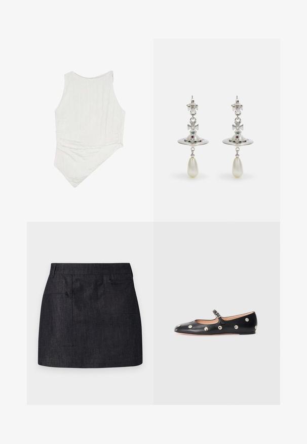 White sleeveless top with a slightly textured fabric, featuring an asymmetrical hem and a round neckline. Simple and minimalistic design.; Dark denim skirt with a straight cut, featuring two front pockets and subtle texture. Clean hemline and standard waistband design.; Black leather Mary Jane flat shoe with a rounded toe, featuring silver circular studs and an adjustable strap with a buckle.; Silver earrings featuring a circular hoop, adorned with sparkling stones and a teardrop pearl pendant. Distinctive design with intricate accents.