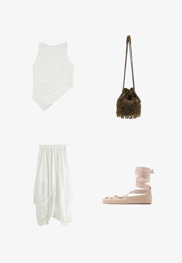 Weißes ärmelloses Top aus leicht strukturiertem Stoff, mit asymmetrischem Saum und rundem Ausschnitt. Schlichtes und minimalistisches Design.; Weißer Spitzenrock mit Schichtendesign, elastischem Bund, floralen Mustern und gewelltem Saum. Leichtes, halbtransparentes Material.; Beige Ballerinas mit gekreuzten Riemen, weichem Lederobermaterial, abgerundeter Zehenpartie und flacher Sohle, mit einem Band, das um den Knöchel gebunden wird.; Bronzene Tasche mit gerafftem oberen Teil, verziert mit langen, schmalen Fransen. Zwei schlanke Tragegurte. Strukturierte Oberfläche mit metallischem Glanz.