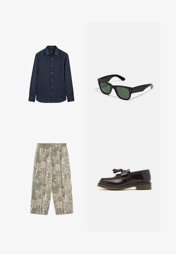 Massimo Dutti SLIM FIT GARMENT - Overhemd - dark blue; Witte katoenen tanktop met een ronde halslijn, brede schouderbanden en een rechte zoom, met een gladde textuur en zonder zichtbare patronen.; Cargo broek met wijde benen in een groen en beige camouflagepatroon van bladeren en schors, met voorzakken en riemlussen.; Bruine leren instappers met een geweven ontwerp, een kwastje en een platte rubberen zool. Beschikt over een gladde afwerking en contrasterende stiksels.; Zwarte rechthoekige zonnebril met groene lenzen, matte afwerking, subtiele hardwareaccenten en een gegraveerd logo op de slaap.