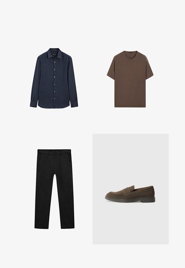 Massimo Dutti SLIM FIT GARMENT - Skjorter - dark blue; Brun bomulds t-shirt med rund hals og korte ærmer. Simple design med en jævn tekstur og en afslappet pasform. Ingen mønstre eller accenter.; Sorte bomuldsbukser med lige ben, forlommer og en klassisk knaplukning med lynlås. Glat tekstur, skræddersyet pasform.; Brune ruskinds loafers med en rund tå, en rem over forfoden og en flad gummisål. Enkel design med rene linjer og minimal dekoration.