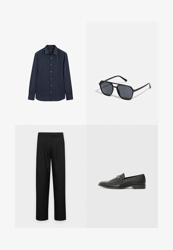 Massimo Dutti SLIM FIT GARMENT - Skjorter - dark blue; Sorte bukser lavet af glat stof, med et lige ben-design, to frontfolder og en standard talje med bæltestropper.; Sorte læder loafers med en glat finish, der har et syet design og et dekorativt metal kædeaccent hen over vamps. Flad hæl.; Sorte solbriller med oktagonal stel, mørke linser, blank overflade, fine stænger og guldaccenter på forsiden.; Hvid perlekæde med ensartet rund form, glat overflade og metalspænde med forlængerkæde for justerbar længde.