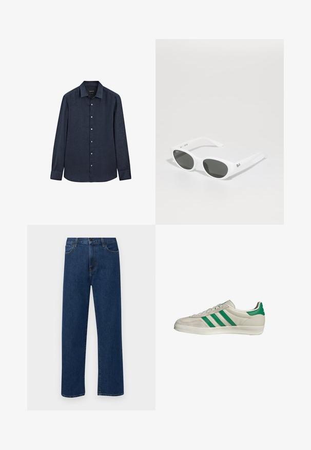 Massimo Dutti SLIM FIT GARMENT - Camicia - dark blue; Jeans in denim di un blu scuro a gamba dritta con tasche anteriori e chiusura con bottone, esposti su uno sfondo bianco semplice.; Sneaker beige con strisce verdi, con suola bianca e tomaia in pelle liscia. Vista laterale che evidenzia i dettagli dei lacci e il logo.; Occhiali da sole bianchi con montatura arrotondata e lenti scure. Presentano una superficie in plastica liscia e un piccolo logo sulla tempia.