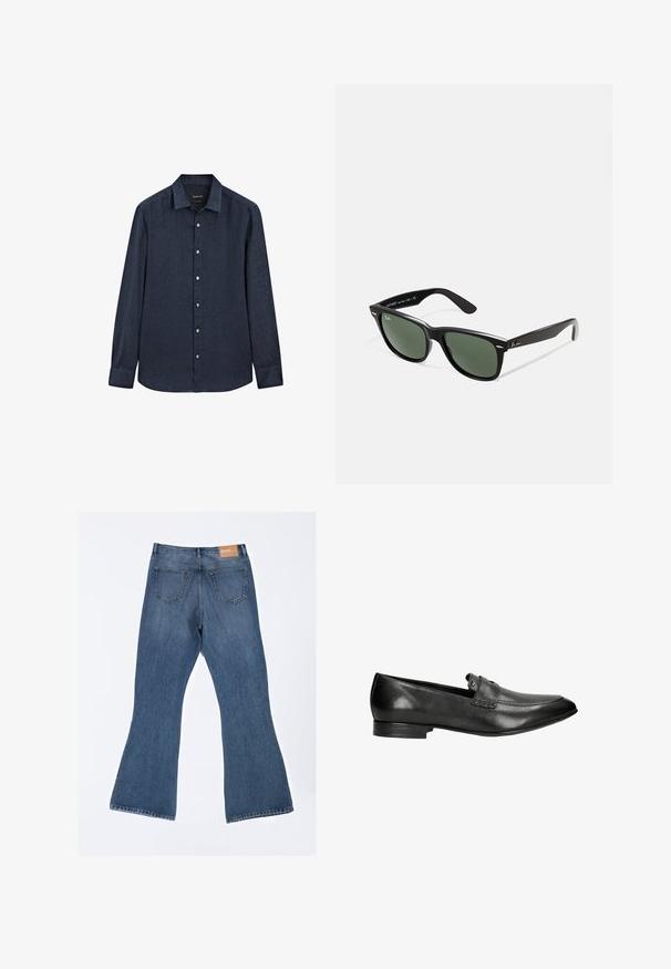 Massimo Dutti SLIM FIT GARMENT - Overhemd - dark blue; Uitlopende blauwe spijkerbroek van denimstof, met een hoge taille, vijf zakken en een onafgewerkte zoom aan de onderkant. Label bevindt zich op de tailleband.; Zwarte leren instappers met een lage hak, ronde neus en decoratieve stiksels. Heeft een subtiele band over de wreef met een metallic accent.; Zwarte plastic zonnebril met groene lenzen, vierkante montuur, zilveren accent op de wenkbrauw en een gestructureerde tempel. Merken vermeld op de binnenkant van de arm.