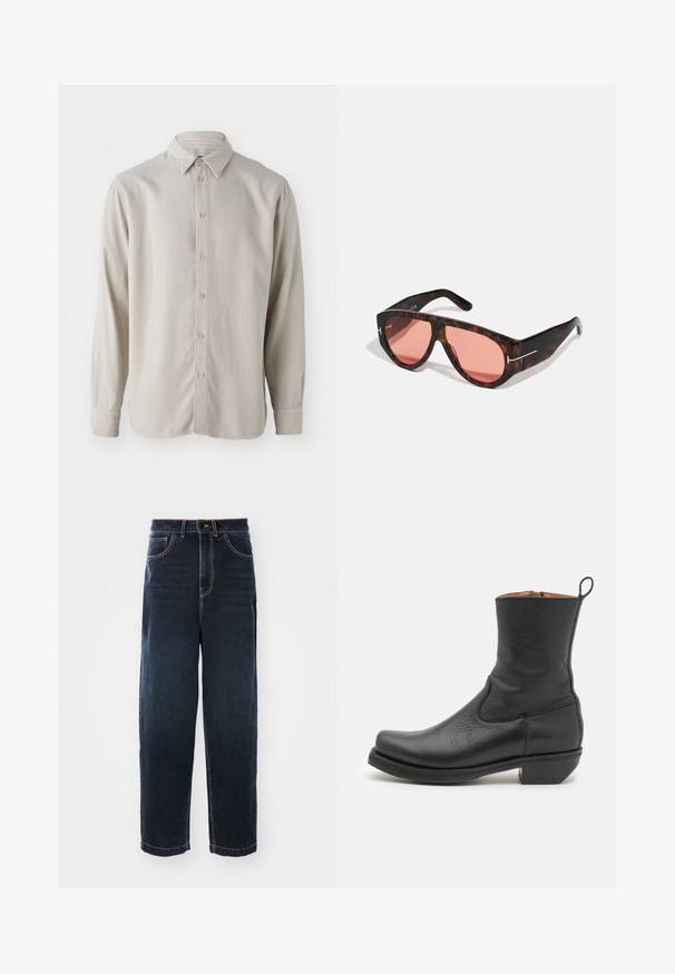 Beige langærmet skjorte lavet af blødt stof, med knaplukning foran, klassisk krave og manchetter med afrundede kanter.; Mørkeblå denim jeans med lige ben, udstyret med gule syninger, fem lommer og en lynlås med knaplukning.; Sort læder ankelstøvle med en glat overflade, slank profil, sidesyning og en lav kvadratisk hæl. Har en løftestrop bagpå.; Skildpadde-solsorte med pink linser, der har et dristigt og kantet design samt tynde sølvhardware-accenter på stellet.