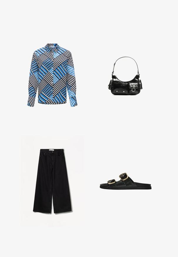 Camicia a maniche lunghe blu e nera con un motivo a strisce geometriche, con strisce alternate spesse e sottili, chiusura con bottoni e colletto.; Bershka WIDE-LEG - Wide Leg - black; Infradito neri con due accenti di fibbia dorata, materiale dalla texture liscia, suola piatta e design minimalista.; Borsa a spalla in vernice nera con forma curvata, una tracolla, tasche frontali e dettagli in metallo argentato.